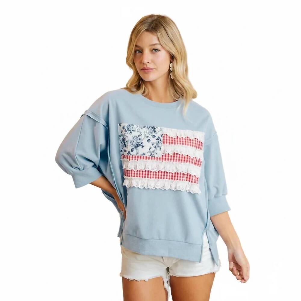 NEW BIBI americana patchwork french terry top in blue